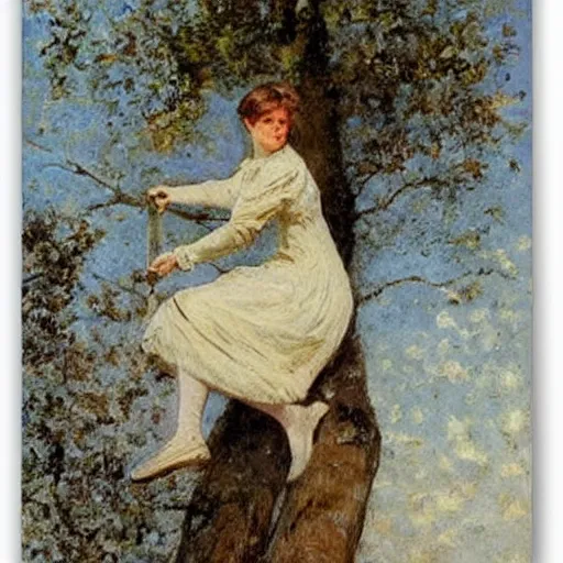 Image similar to young victorian lady climbing a tree, painted by alfred stevens