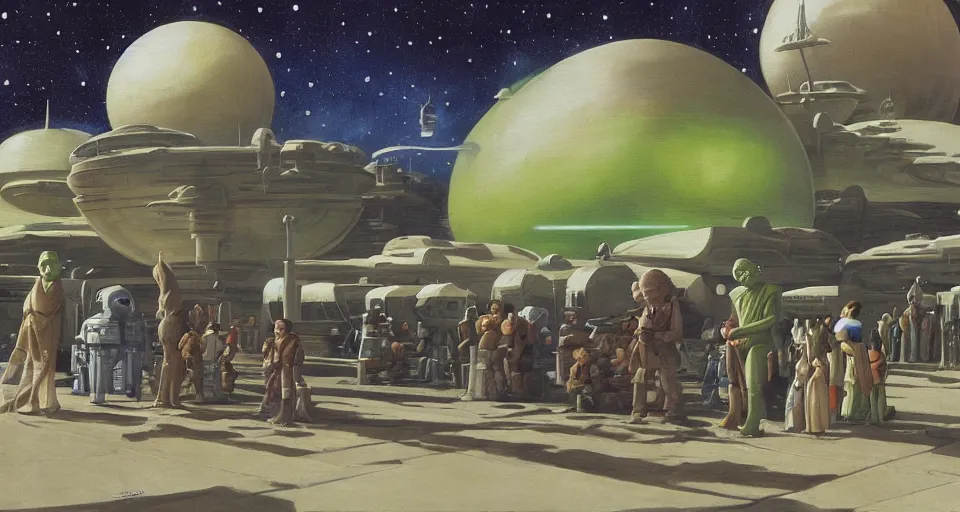 Prompt: Yoda planet star Wars Ralph Macquarrie market scene