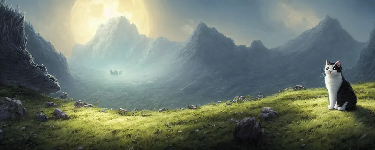 Prompt: cat on the moon, ghibli landscape illustration close floral clearing and mountains in the background, deep focus, d & d, fantasy, intricate, elegant, highly detailed, digital painting, artstation, concept art, matte, sharp focus, illustration, hearthstone, art by fire watch game and greg rutkowski, no characters