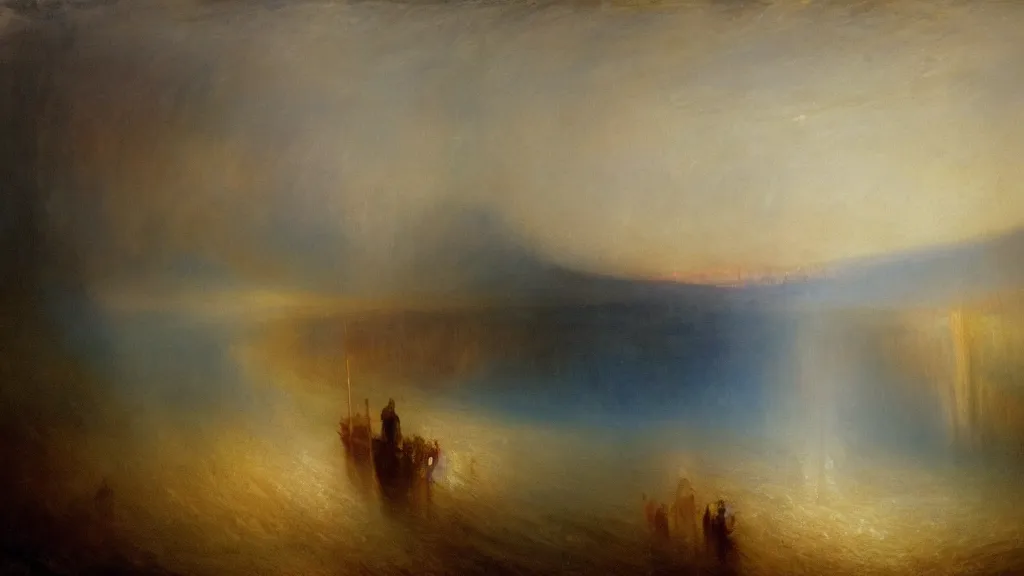 Image similar to uncanny valley in the style of j. m. w. turner, oil on canvas