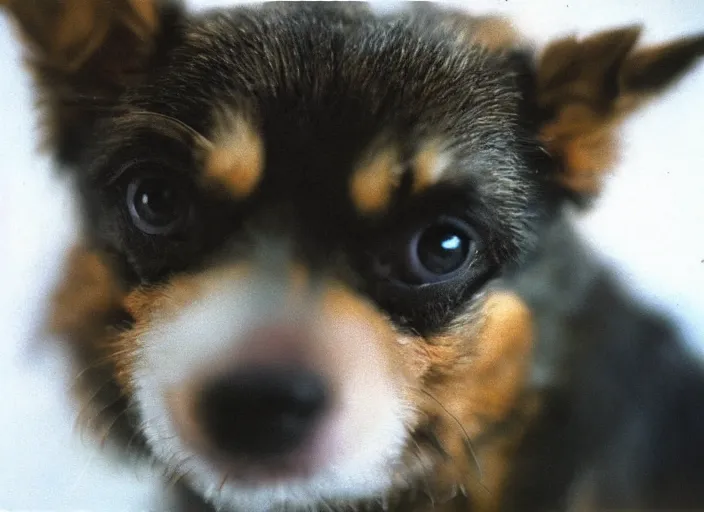 Image similar to a extreme close - up photo, color studio photographic portrait of a little dog, dramatic backlighting, 1 9 9 3 photo from life magazine,