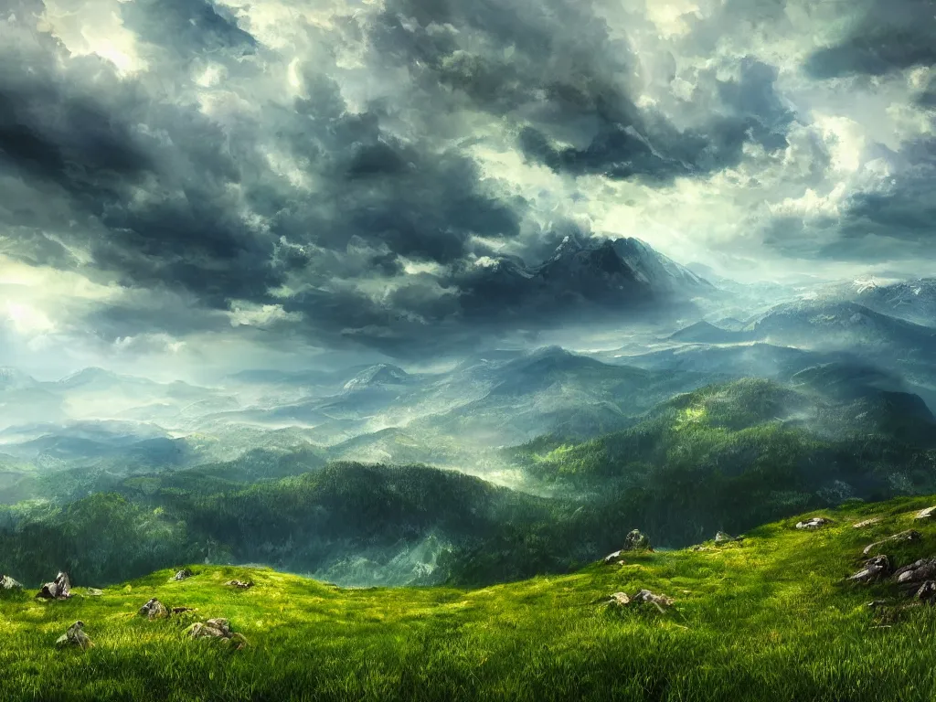 Prompt: realistic view from a mountaintop, high mountains, green meadow, alps, pyranees, digital painting, wallpaper, realistic lightning