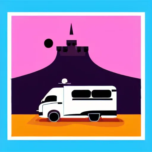 Image similar to vector art of a white and black cute thor chateau! motorhome camper!!, highway, mountains and colorful sunset!!, very happy, minimal vector art sticker!! by tom whalen, sanja stikovic