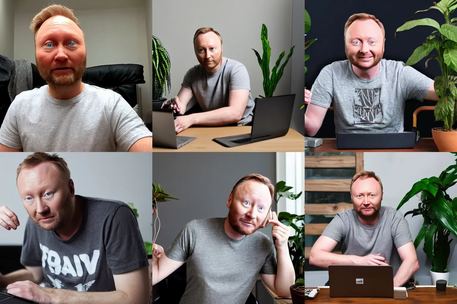 Prompt: a white man that looks exactly like limmy wearing a grey tshirt and brown trucker's cap playing pc games in a grey room with house plants