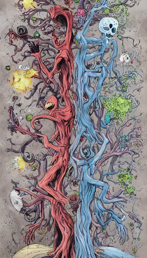 Prompt: life and death mixing together, by alex pardee