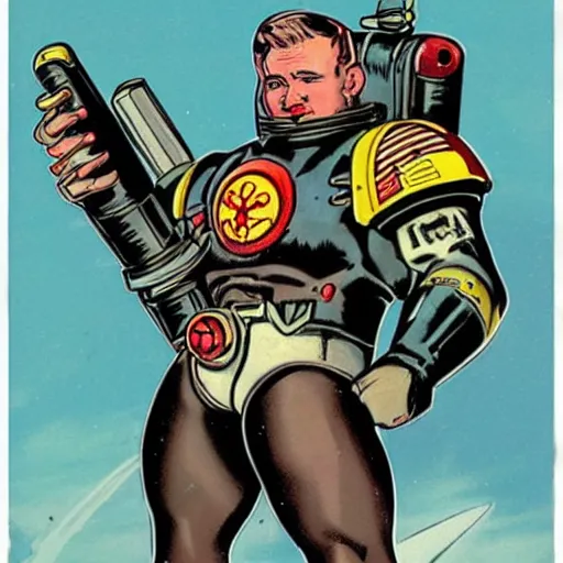 Prompt: pin-up art of a space marine rying a nuclear bomb