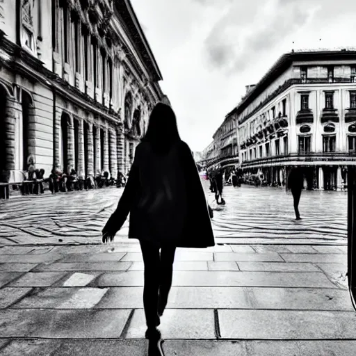 Image similar to fan takes photo of bella hadid walking alone through the streets of milan on a cloudy day, photorealistic, very detailed, dynamic light, samsung s 2 2 photo