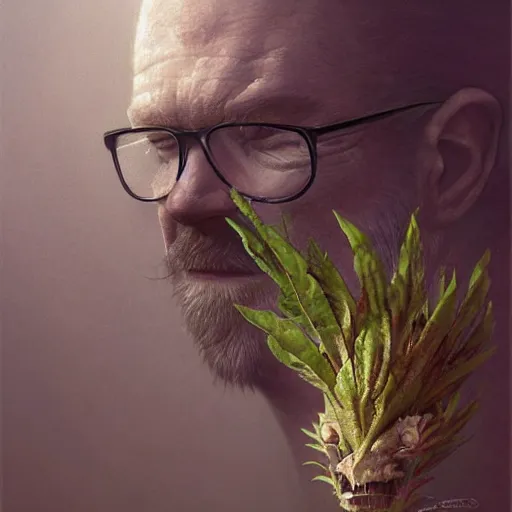 Image similar to adam savage as a plant like creature, closeup portrait by greg rutkowski, realistic face, digital art,