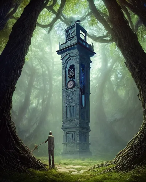 Image similar to highly detailed surreal vfx portrait of a cursed grandfather clock in a shadowy forest by a willow tree, stephen bliss, unreal engine, greg rutkowski, loish, rhads, beeple, makoto shinkai and lois van baarle, ilya kuvshinov, rossdraws, tom bagshaw, alphonse mucha, global illumination, detailed and intricate environment