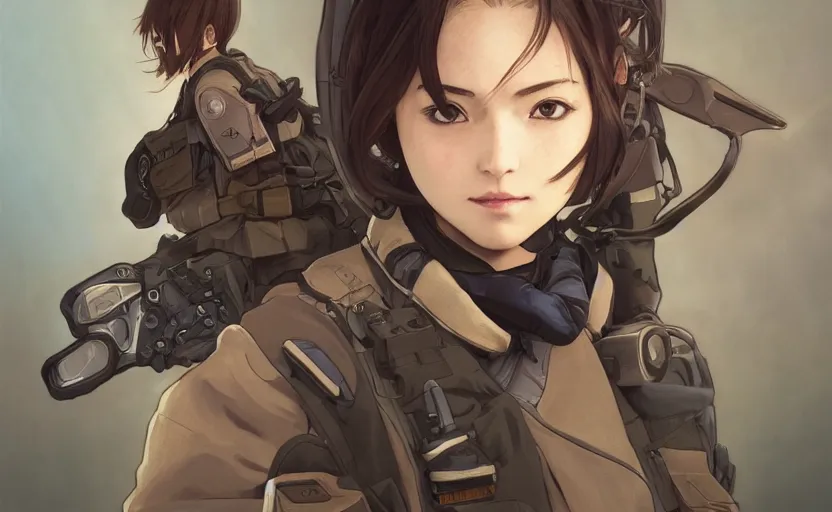 Image similar to a flying girl, fused aircraft parts, military pilot clothing, anime style, short hair, hair down, symmetrical facial features, from arknights, hyper realistic, 4 k, rule of thirds, extreme detail, detailed drawing, trending artstation, hd, realistic lighting, by alphonse mucha, greg rutkowski, shoulder eyes, backlit