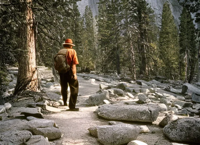 Prompt: a 2 8 mm macro kodachrome photo of a man hiking in yosemite national park in the 1 9 5 0's, seen from a distance, bokeh, canon 5 0 mm, cinematic lighting, film, photography, golden hour, depth of field, award - winning