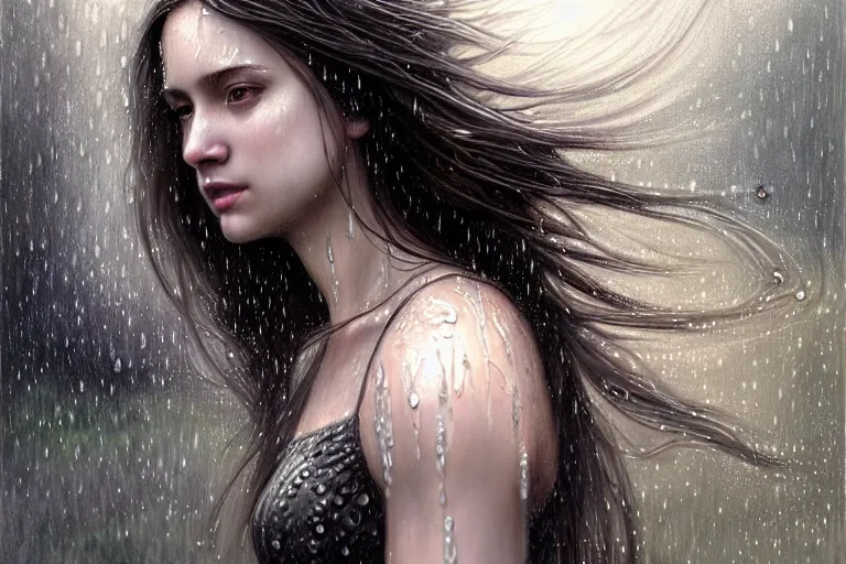 Prompt: highly detailed portrait of a beautiful girl running in rain with wet dark hair and pale face, fantasy, intricate, elegant, dramatic lighting, emotionally evoking symbolic metaphor, highly detailed, lifelike, photorealistic, digital painting, artstation, concept art, smooth, sharp focus, illustration, art by John Collier and Albert Aublet and Krenz Cushart and Artem Demura and Alphonse Mucha