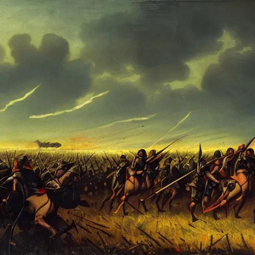 Image similar to distant evening medieval war landscape, two armies clashing on an open field, atmospheric, silhouettes