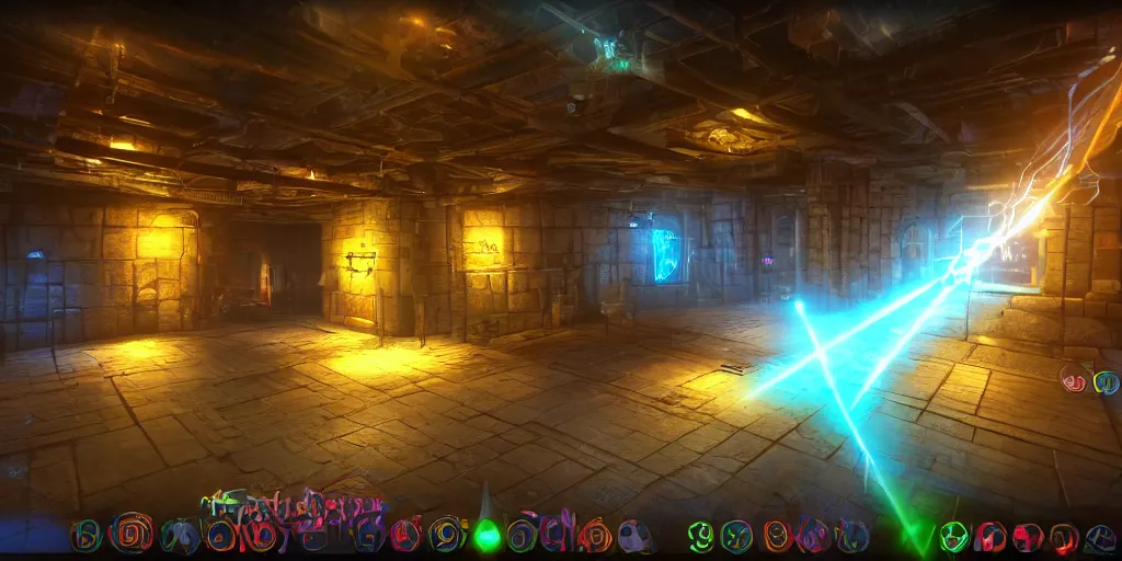 Prompt: screenshot of deathtrap dungeon, videogame, neon glow, lens flare, 8 k, unreal engine