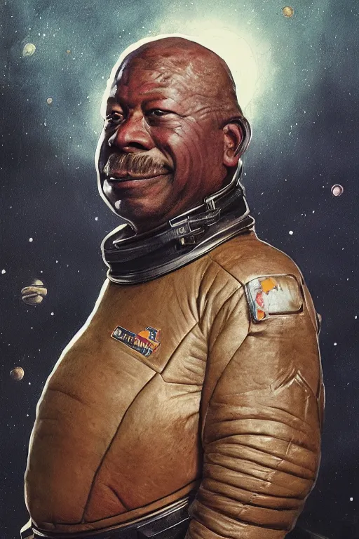 Prompt: upper body portrait of fat lennie james as furious baron harkonnen wearing old leather spacesuit, detailed, sunshine, nebula space background, illustration by norman rockwell, artstation character art, john william waterhouse, concept art, greg rutkowski