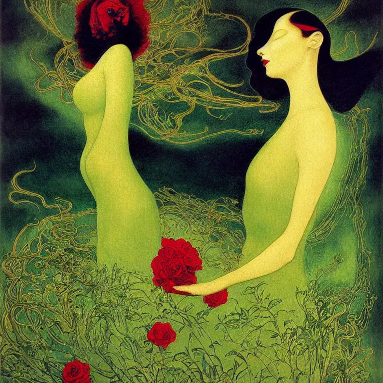 Prompt: !!!dream brunette woman standing in a green dress on a gold background, with black roses and red lips Anton Pic, Jean Delville, Amano, Yves Tanguy, Ernst Heckel, Edward Robert Hughes, Stanislaw Szukalski and Roger Dean photorealism