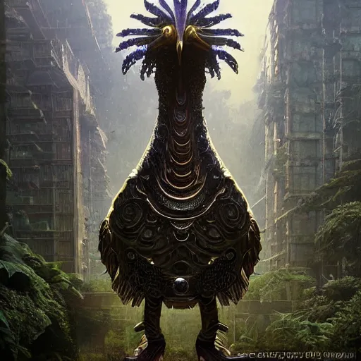 Prompt: A neofuturistic very highly detailed chicken god with very highly detailed face in the beautiful garden in a very highly detailed solarpunk sci-fi city realistic concept art photography by Greg Rutkowski, sci-fi highly detailed, realistic concept art photography, Dimensional cyan gold natural light, cinematic shot, realistic concept art photography by Stephen Hickman and James Gurney and Hiromasa Ogura Ghost in the Shell rendered in Octane Render, From the distance