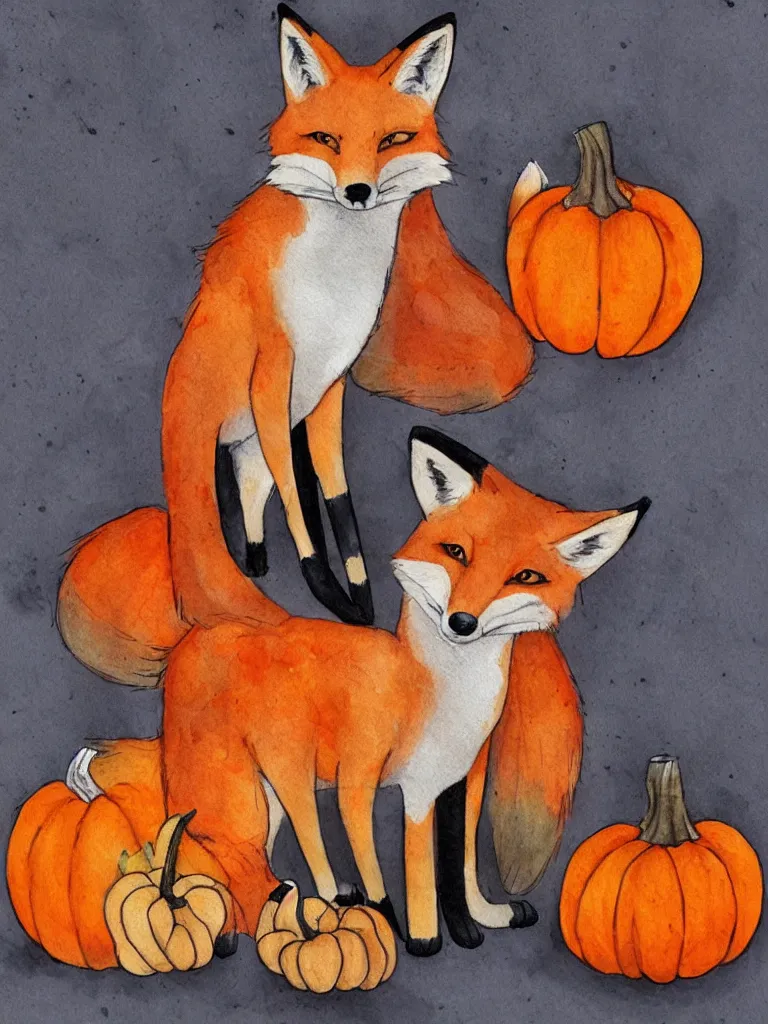 Image similar to autumn a fox with pumpkin watercolor by arti chauhan trending on artstation