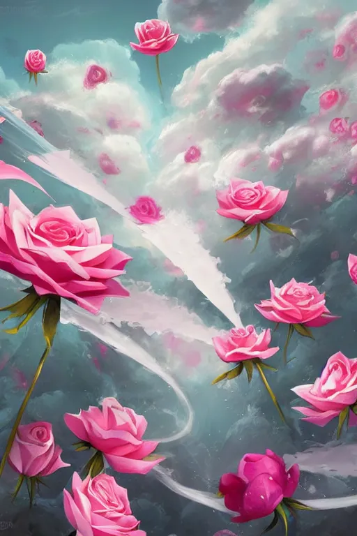 Image similar to background concept art magic invisible blades slicing through a bouquet of white and pink roses, flowers exploding and spraying, big puffy clouds, large rose petals, lotus petals, large polygonal background elements, large polygons, dramatic anime, dramatic lighting, artgerm, manga, trending on artstation, marco bucci, mature colors