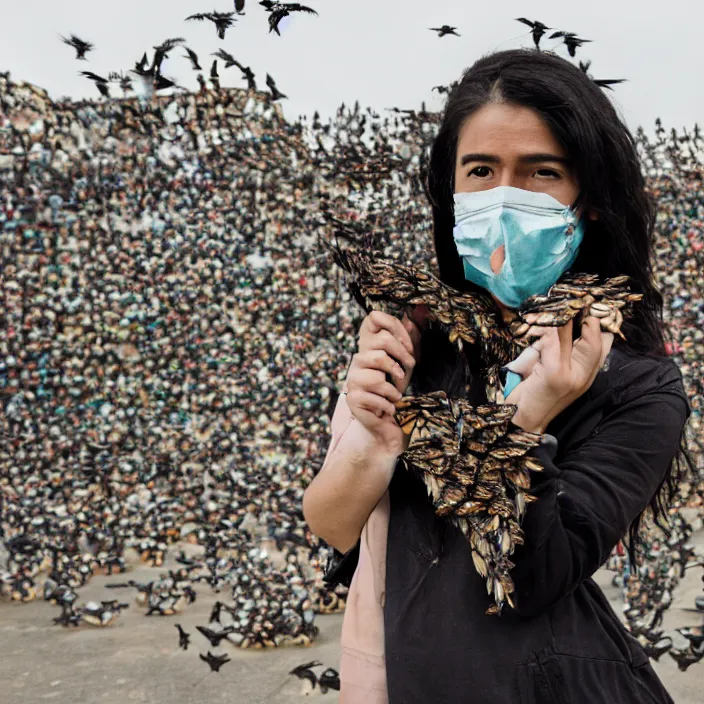 Image similar to a woman wearing a mask made of birds, in an abandoned theme park, by omar z. robles, canon eos c 3 0 0, ƒ 1. 8, 3 5 mm, 8 k, medium - format print