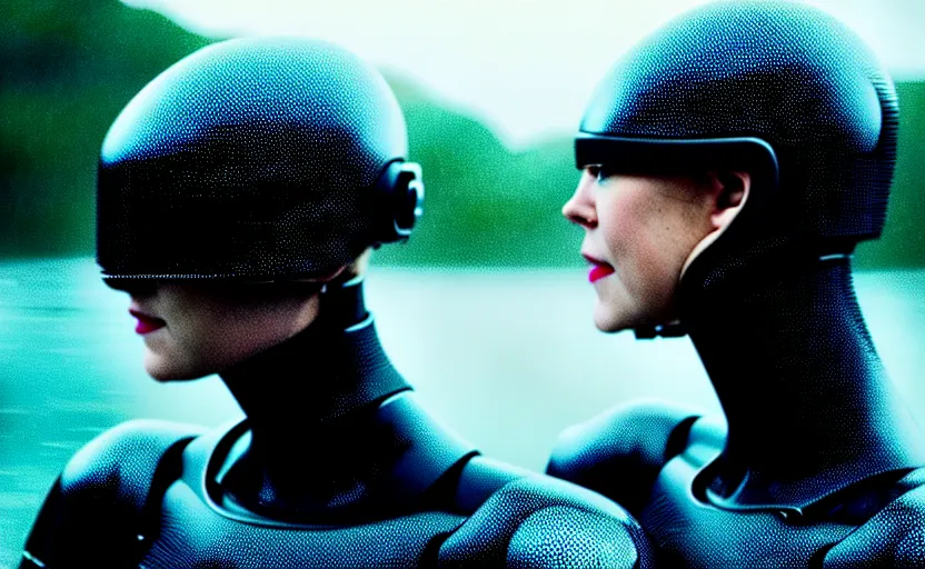 Image similar to cinestill 5 0 d candid action photographic portrait by christopher nolan of two loving female androids wearing rugged black mesh techwear in treacherous waters, extreme closeup, modern cyberpunk retrofuturism moody emotional cinematic, pouring iridescent rain, 8 k, hd, high resolution, 3 5 mm, f / 3 2, motion blur, ultra realistic faces, ex machina