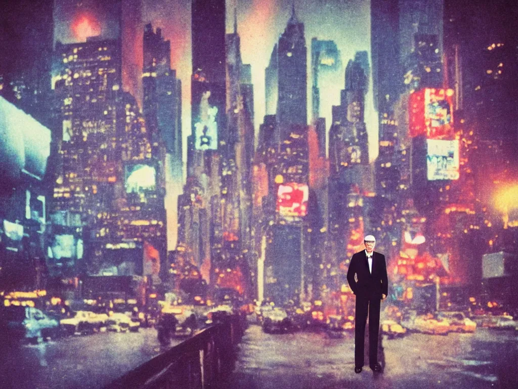 Prompt: 8 0 s polaroid photo, cinema still, tall man in suit leaning over railings of a ship that's passing by new york panorama at night, colorful haze, americana, high production value, 8 k resolution, hyperrealistic, photorealistic, high definition, high details, tehnicolor, award - winning photography, masterpiece, amazing colors