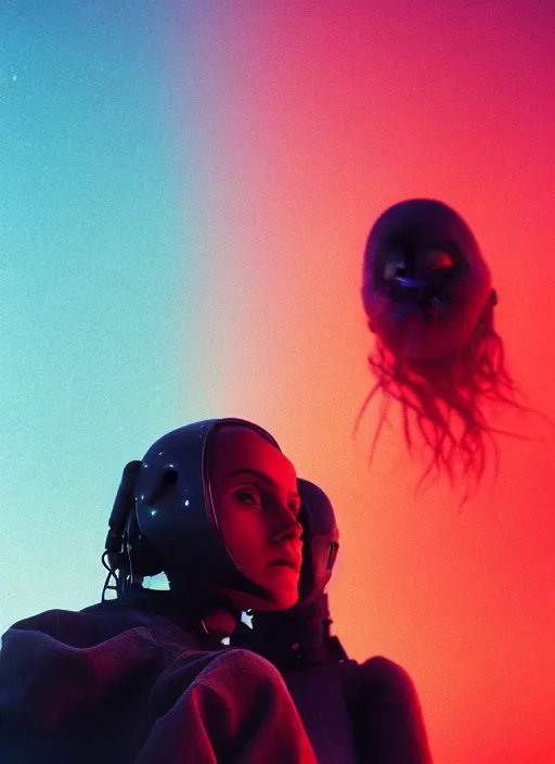 Image similar to cinestill 5 0 d photographic portrait of two loving female androids wearing rugged black techwear on a desolate plain with a red topographic holographic sky, extreme closeup, cyberpunk style, dust storm, 8 k, hd, high resolution, 3 5 mm, f / 3 2, ultra realistic faces, ex machina