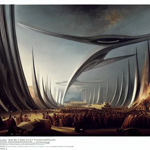 Image similar to sci-fi organic zaha hadid full-lenght 50% of canvas car and wall structure in the coronation of napoleon painting by Jacques-Louis David and in the blade runner 2049 film search pinterest keyshot product render 4k in dark plastic