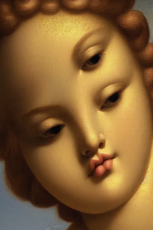 Image similar to Beautiful girl, calm face, closeup, ultra detailed, made in gold, Guido Reni style