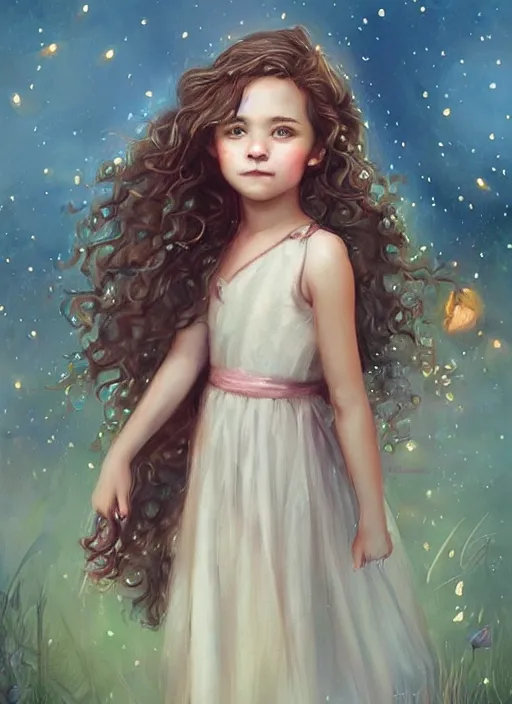 Image similar to A cute little girl with shoulder length curly brown hair with a happy expression wearing a summer dress dancing with fireflies, she is in the distance. beautiful fantasy art by Charlie Bowater.