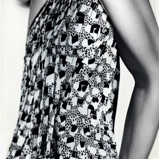 Image similar to close up of a dress with print of a female body ,Photographed by Henry Clarke, Vogue, January 1965, highly detailed