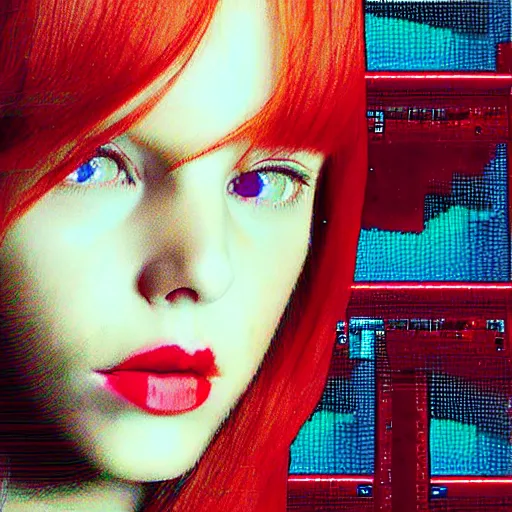 Prompt: redhead female cyberpunk, vhs video glitches and tape stress, digital glitches, glitchcore glitchart grime
