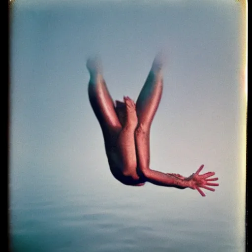 Image similar to semi translucent smiling frog amphibian floating upside down over misty lake in Jesus Christ pose, polaroid shot by Andrei Tarkovsky, paranormal, spiritual, mystical