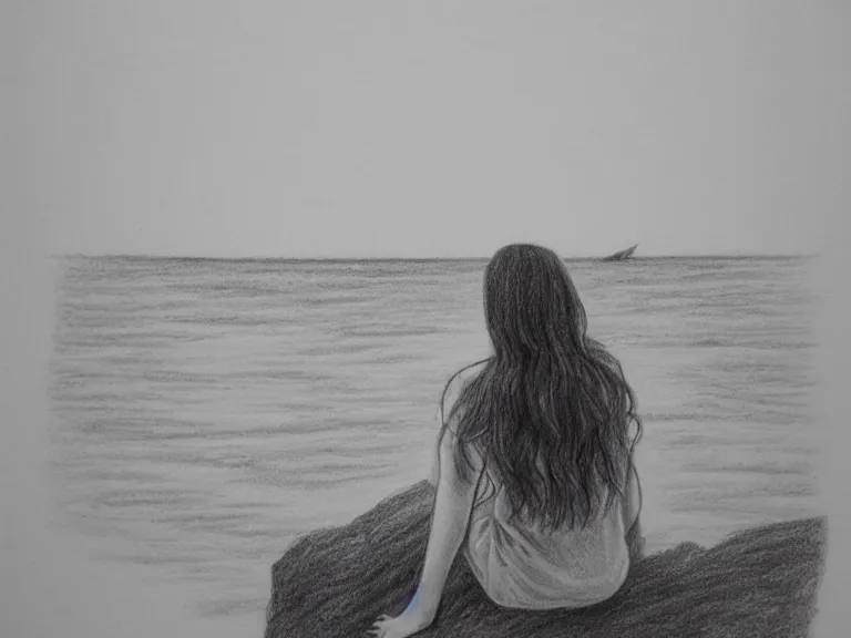 Image similar to a pencil drawing of a girl sitting on a cliff overlooking the beach by pen tacular