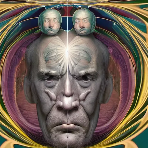 Image similar to a beautiful composition of deeply moving genius, flawless and incredible facial portraiture, depicting Father Time who has two faces and is regarding himself as if in the mirror; wondrous futuristic digital paint, by M. C. Escher