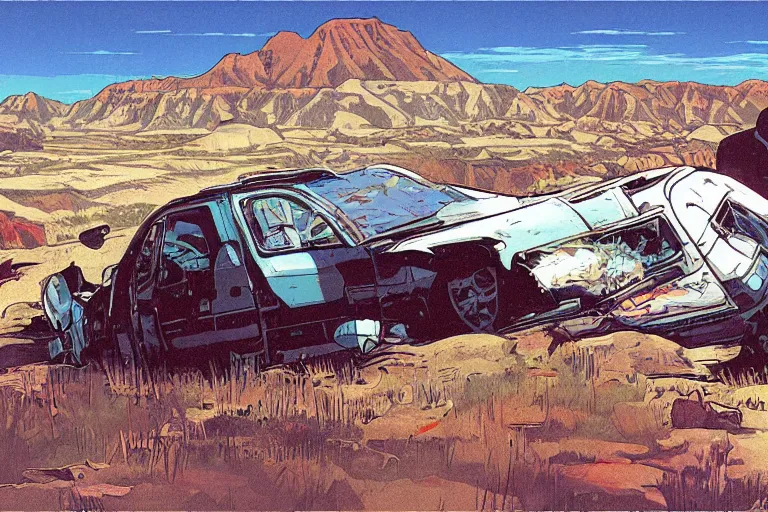 Prompt: a van has crashed and rolled over in the badlands. it's shipment has spilled out. art in the style of vincent di fate's cyberpunk 2 0 2 0.