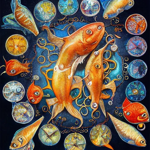 Image similar to detailed and sharp piscesthe fishes artistic zodiac artwork, mystic style, detailed, 8 k, detailed, symmetrical, by brian froud