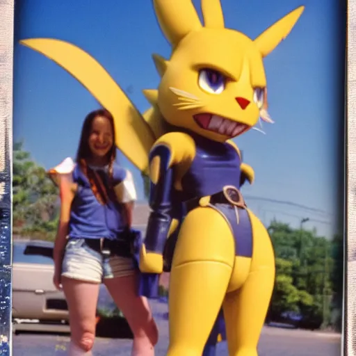 Image similar to 90s vignette photo of female Renamon from Digimon, wearing short denim shorts, standing next to a popular 90s car Polaroid picture, weathered artifacts