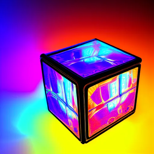 Image similar to a steampunk cube inside a hypercube consisting of fractals shiny luminescence neocube nanostructure neon colorful detalized lines, background mirror lake in magical colorful fog, octane render, hyper realistic, ultra realistic