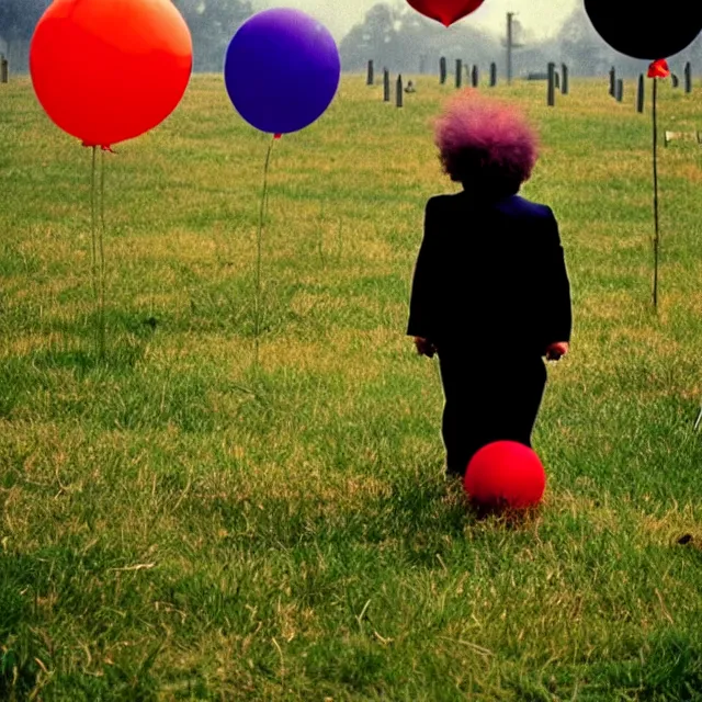 Prompt: creepy clown in the distance holding balloons in cemetary, photo by william eggelston