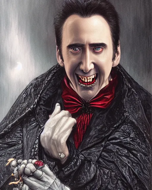 Prompt: nicolas cage as dracula vampire, highly detailed, centered, artstation, concept art, smooth, sharp focus, illustration, bokeh art by artgerm and donato giancola and joseph christian leyendecker
