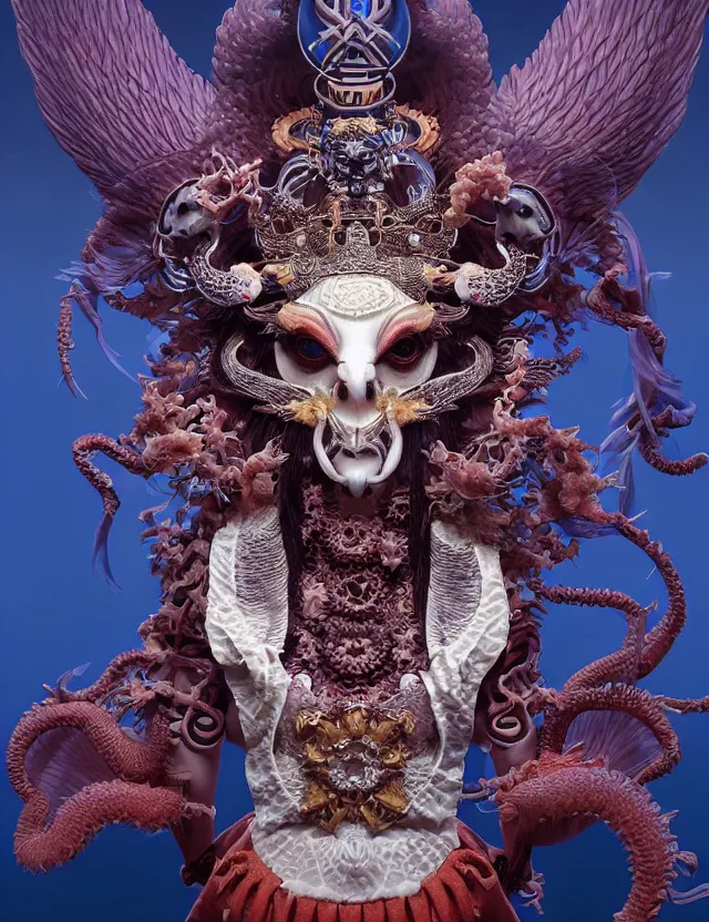 Image similar to 3 d goddess close - up profile satan biohazard portrait with crown, ram skull. beautiful intricately detailed japanese crow kitsune mask and clasical japanese kimono. betta fish, jellyfish phoenix, bio luminescent, plasma, ice, water, wind, creature, artwork by tooth wu and wlop and beeple and greg rutkowski