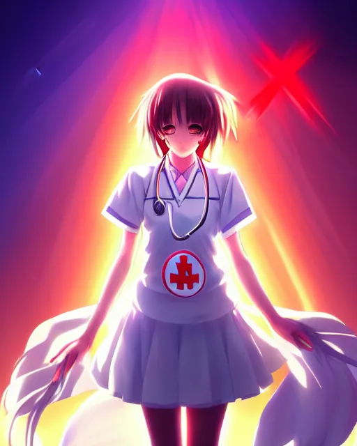 Image similar to anime style, vivid, expressive, full body, 4 k, painting, a cute magical girl with a long wavy black hair wearing a nurse outfit, stunning, realistic light and shadow effects, centered, simple background, studio ghibly makoto shinkai yuji yamaguchi