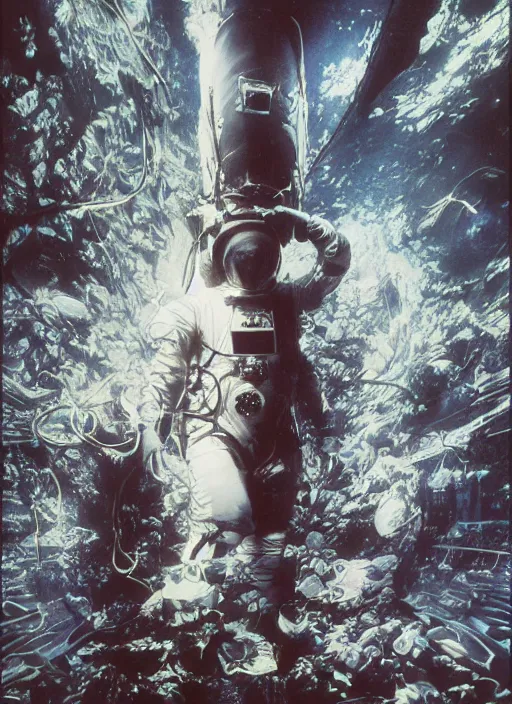 Image similar to astronauts in dark and empty void underwater - complex and hyperdetailed technical suit. reflection and dispersion materials. rays and dispersion of light. volumetric light. 5 0 mm, f / 3 2. noise film photo. flash photography. ultra realistic, wide angle. poster by wayne barlowe, hajime sorayama aaron horkey, craig mullins