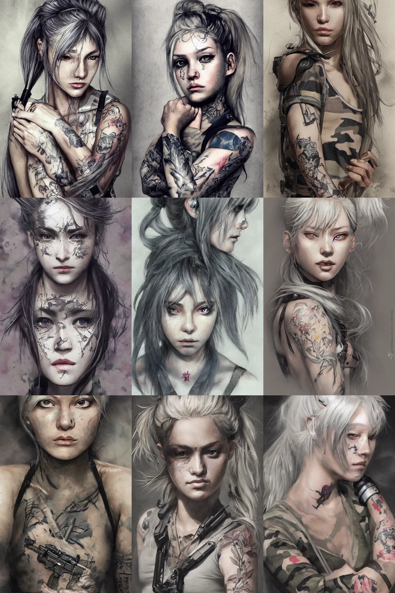 Prompt: girl, silver hair (ponytail), multicam (camo), tattooed arm, (trending on artstation), beautiful face, cinematic full body shot, ilustration by Takehiko Inoue (((and Yoann Lossel)))