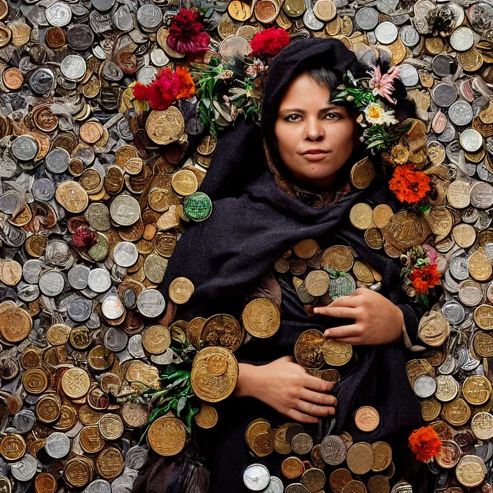 Prompt: closeup portrait of a woman wearing a cloak made of coins and flowers, standing in an apocalyptic city, by Annie Leibovitz and Steve McCurry, natural light, detailed face, CANON Eos C300, ƒ1.8, 35mm, 8K, medium-format print