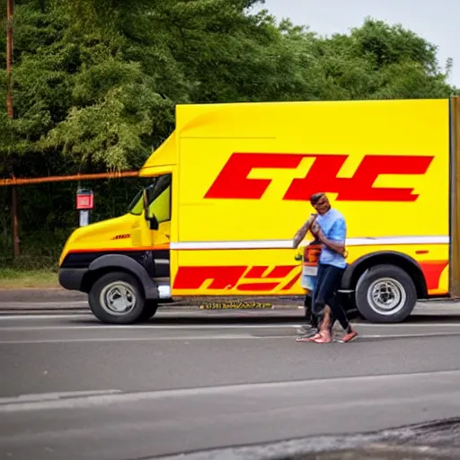 Prompt: Man in orange t-shirt and tin-foil hat being abbducted by UFO from his delivery DHL truck