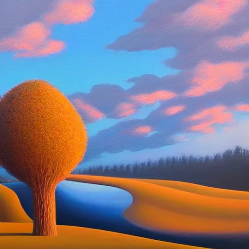 Image similar to a painting of an unimaginably beautiful landscape at golden hour, an ultrafine detailed painting by rafal olbinski, behance contest winner, pop surrealism, detailed painting, very detailed, minimalist, skeuomorphic, airbrush art