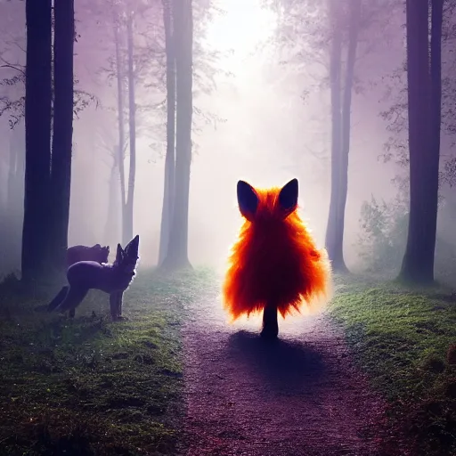 Image similar to a large druid fox muppet wearing a cloak holding a lit torch and herding a bunch of random muppet animals following behind through a dark foreboding misty blue forest at night, sesame street, photograph, photography, ultrarealistic, national geographic