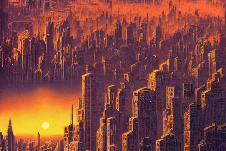 Prompt: a colossal city at sunset, wide buildings, huge spines, art deco, bridges, flying machines, golden hour, dramatic lighting, metropolis by fritz lang, volumetric lighting, bright, colourful, high contrast, sharpness, by hildebrandt brothers, otomo, frazetta, giorgio de chirico